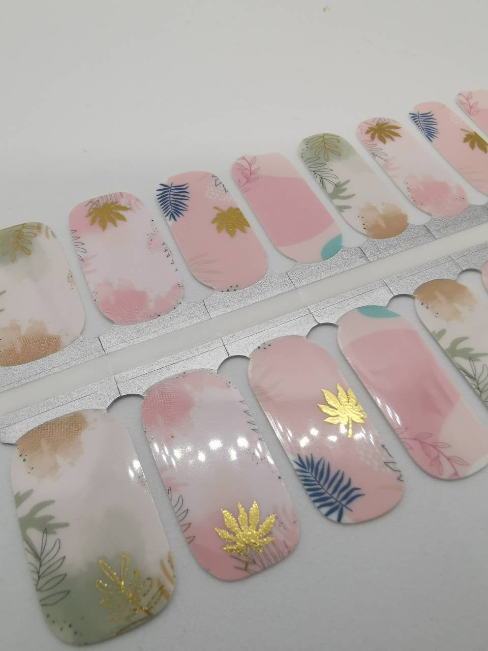 Gray Pink and Metallic Gold Green Leaves