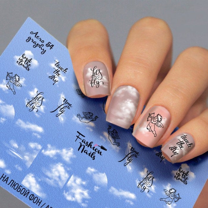Cornflower Blue White Clouds Sky with Black Outline Angels Cherubs Head in the Clouds