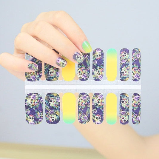 Light Gray Skulls in Luau Hibiscus Leaves Ombre, Dia de Muerte, Day of the Dead, Halloween