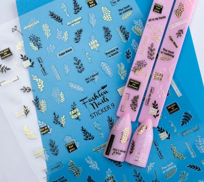 Sky Blue White, Gold and Black Leaves with Words Endless Love, Karma, The Best or Nothing